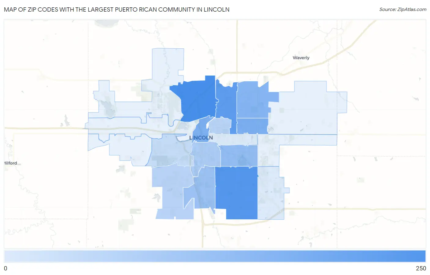 Zip Codes with the Largest Puerto Rican Community in Lincoln Map