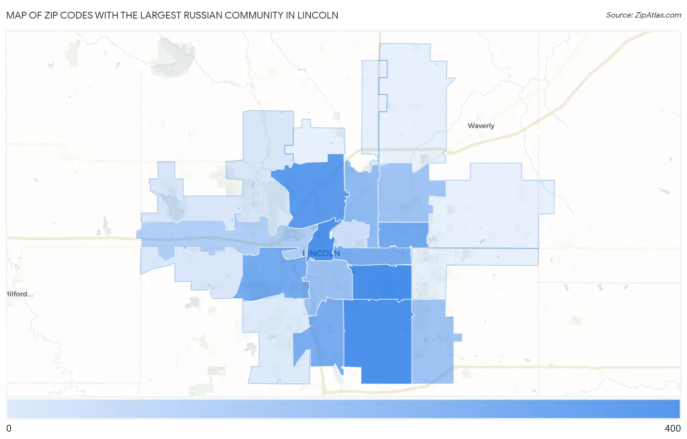 Zip Codes with the Largest Russian Community in Lincoln Map