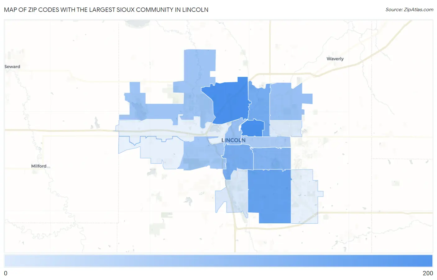 Zip Codes with the Largest Sioux Community in Lincoln Map