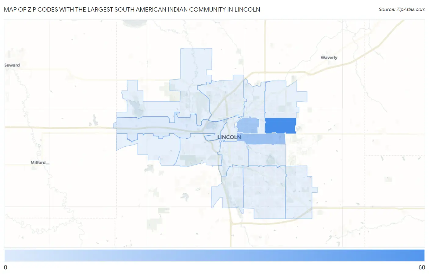 Zip Codes with the Largest South American Indian Community in Lincoln Map