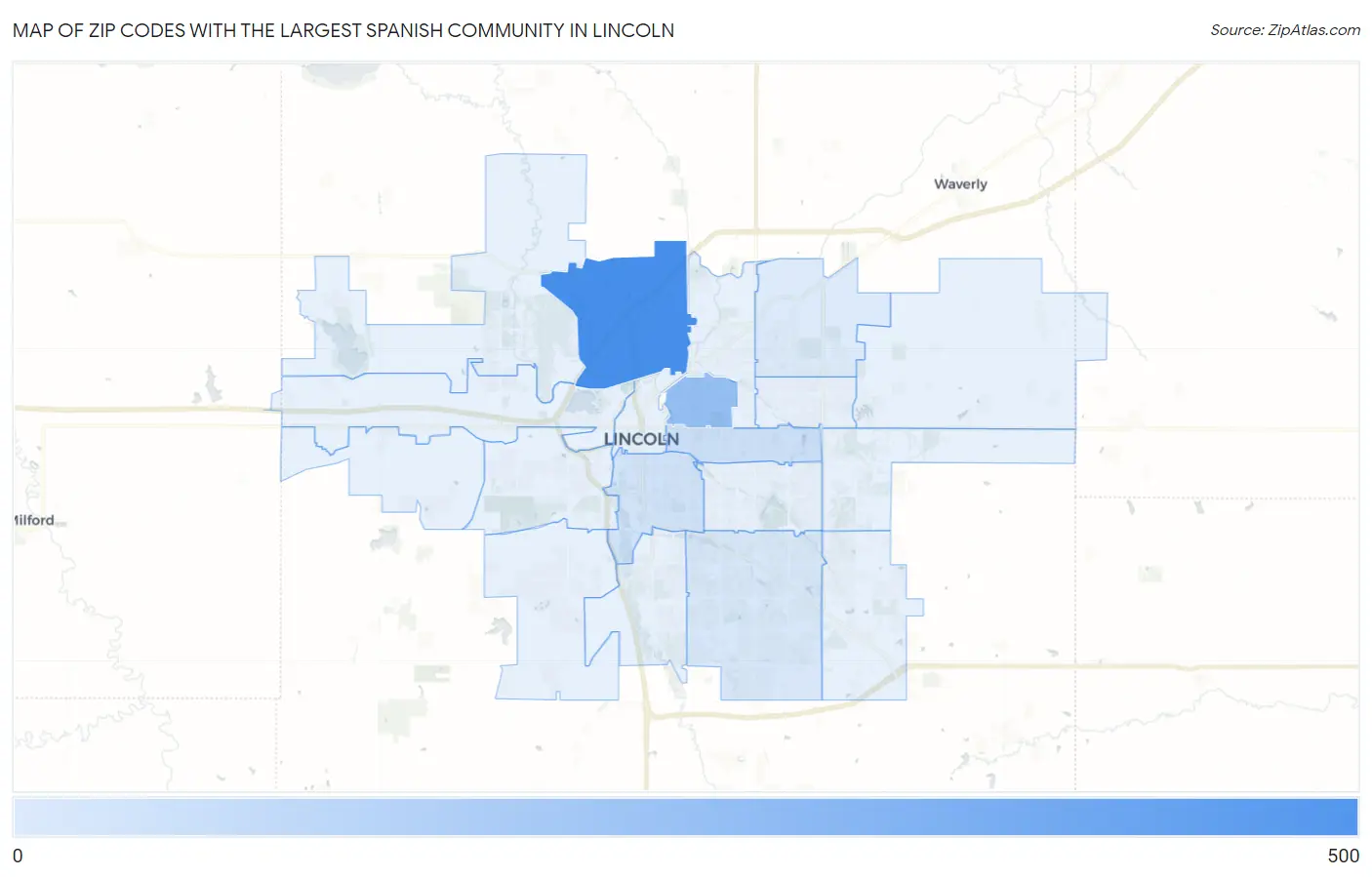 Zip Codes with the Largest Spanish Community in Lincoln Map
