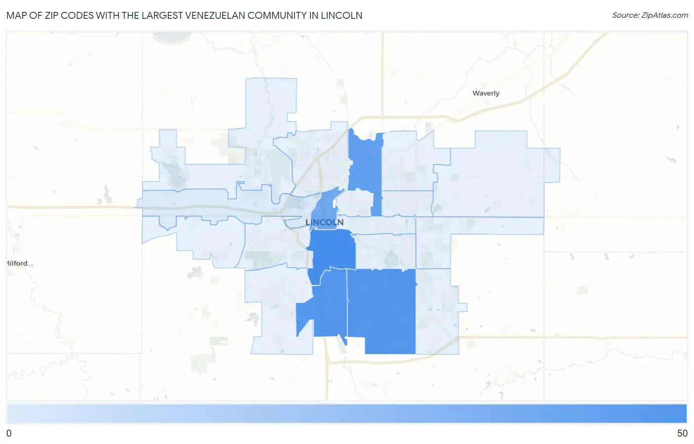 Zip Codes with the Largest Venezuelan Community in Lincoln Map