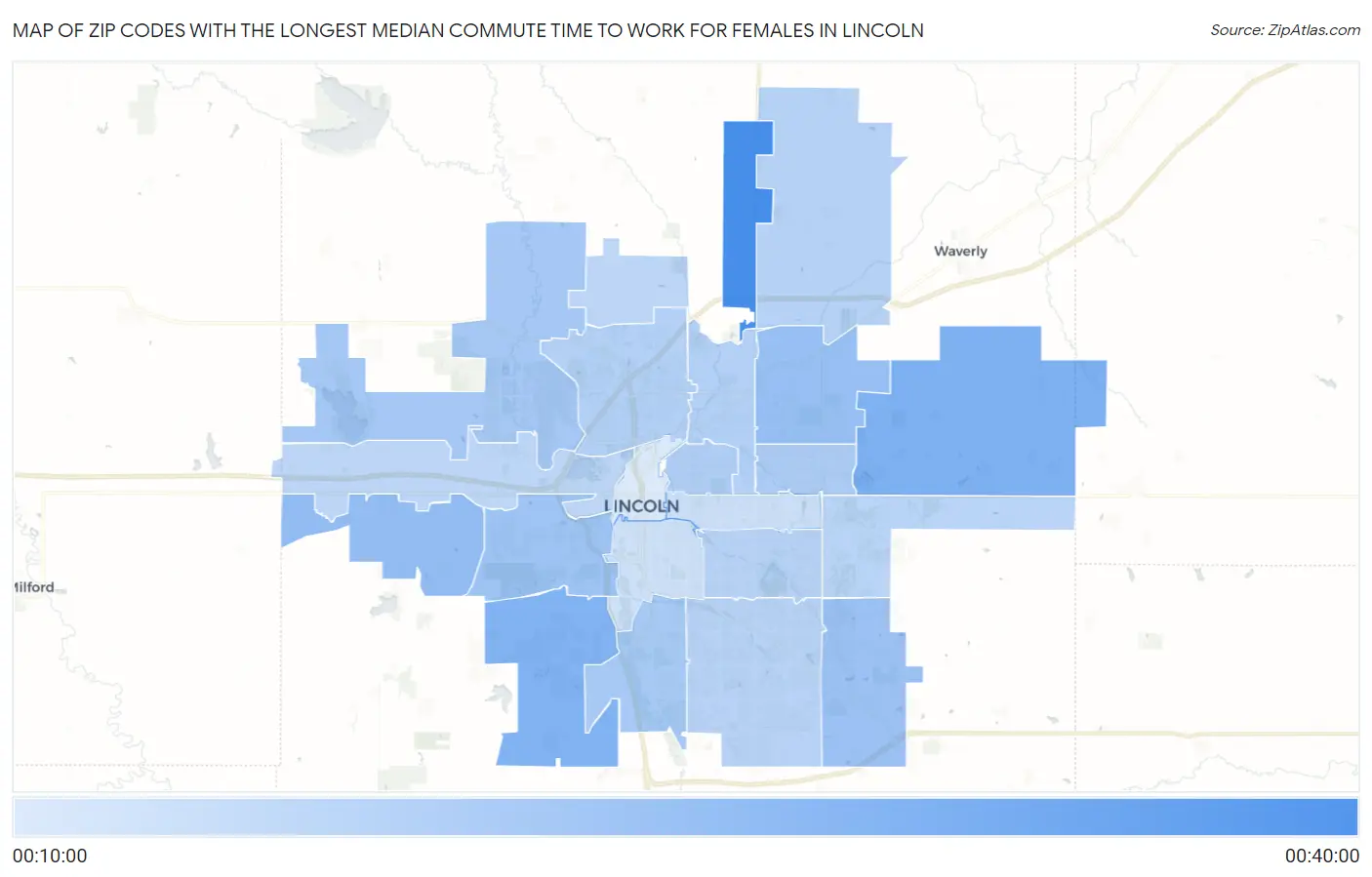Zip Codes with the Longest Median Commute Time to Work for Females in Lincoln Map