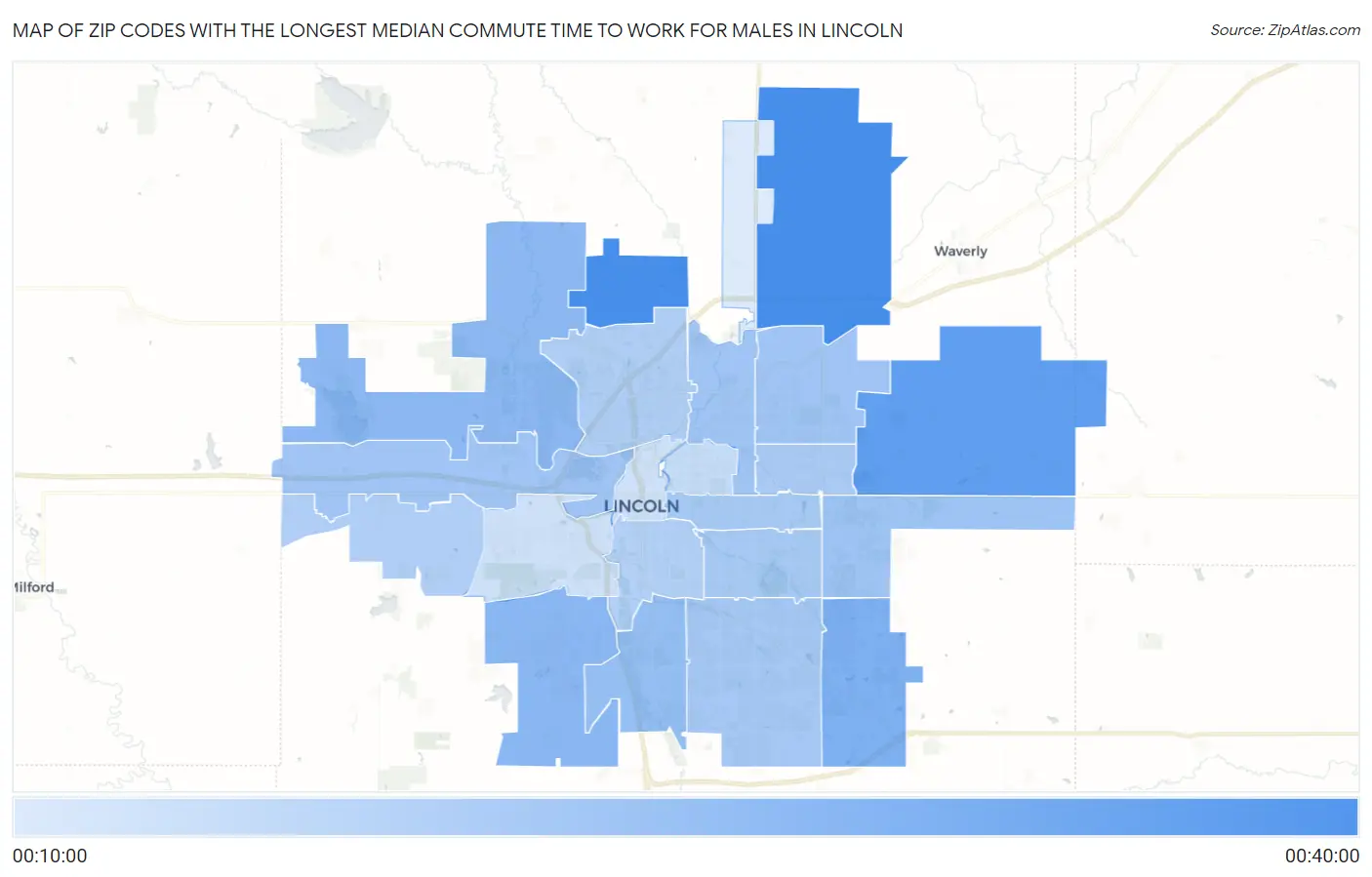Zip Codes with the Longest Median Commute Time to Work for Males in Lincoln Map