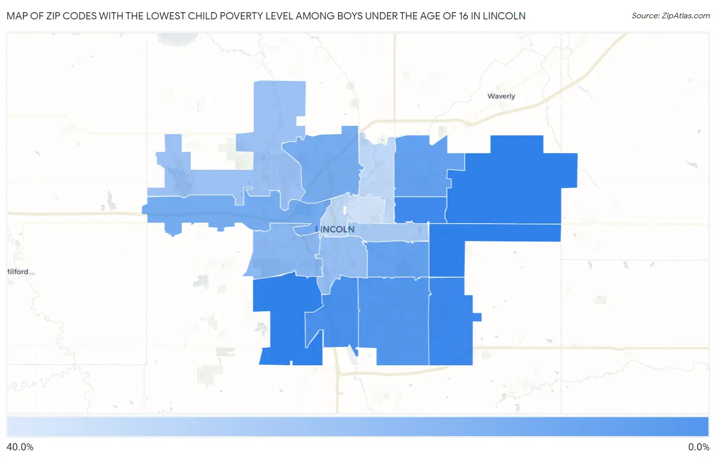 Zip Codes with the Lowest Child Poverty Level Among Boys Under the Age of 16 in Lincoln Map