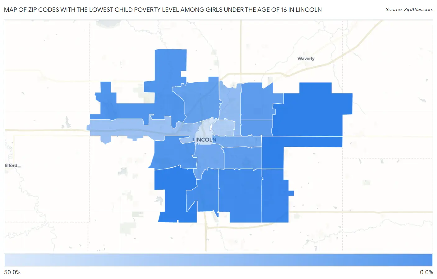 Zip Codes with the Lowest Child Poverty Level Among Girls Under the Age of 16 in Lincoln Map