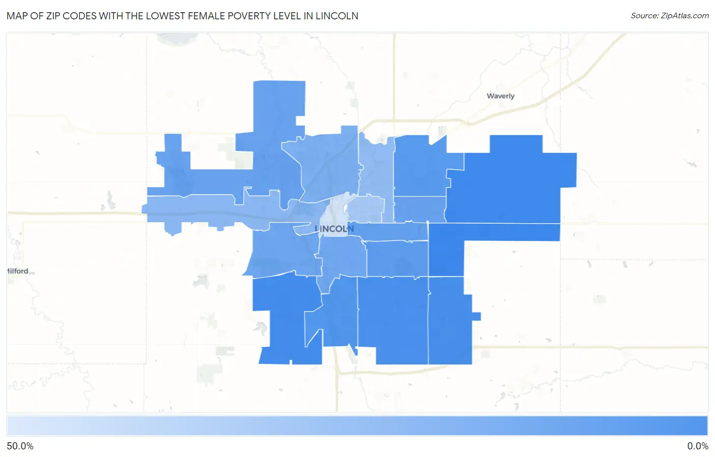 Zip Codes with the Lowest Female Poverty Level in Lincoln Map