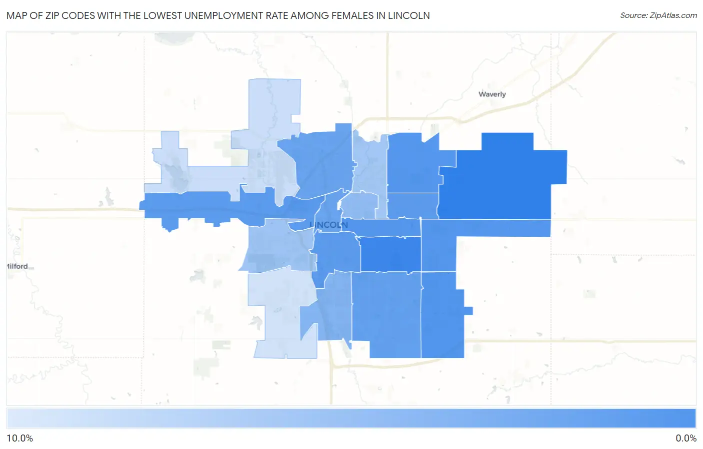 Zip Codes with the Lowest Unemployment Rate Among Females in Lincoln Map