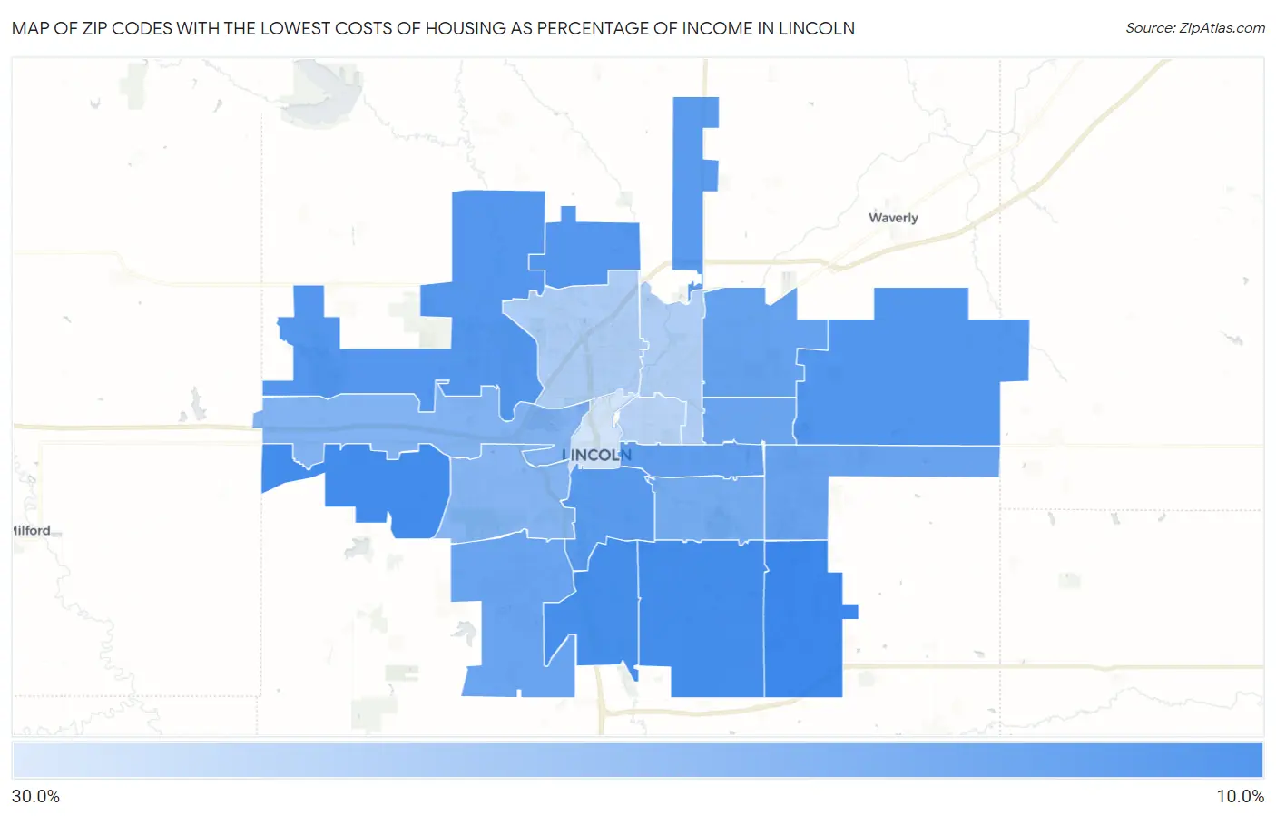 Zip Codes with the Lowest Costs of Housing as Percentage of Income in Lincoln Map