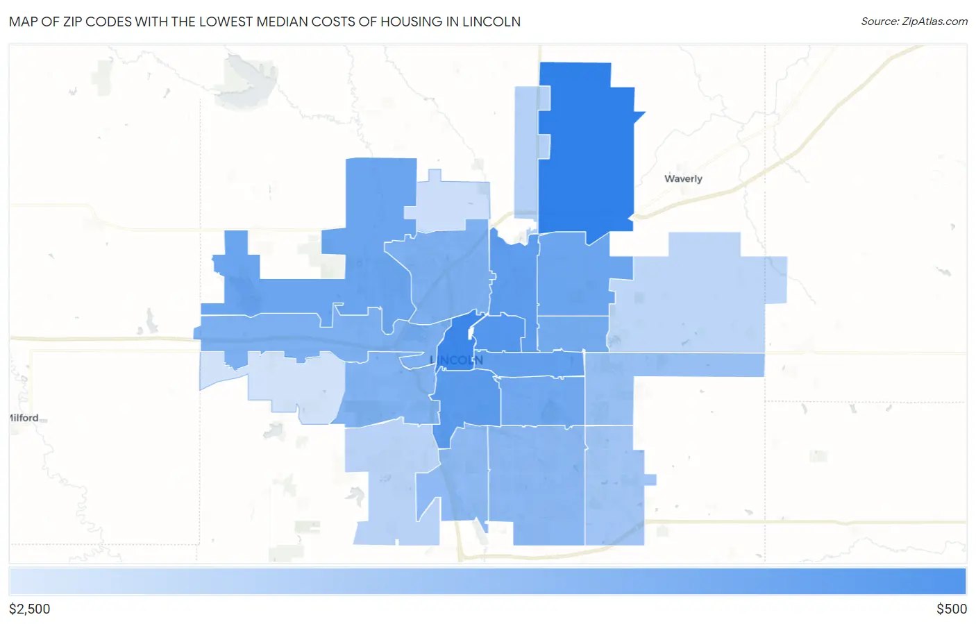 Zip Codes with the Lowest Median Costs of Housing in Lincoln Map