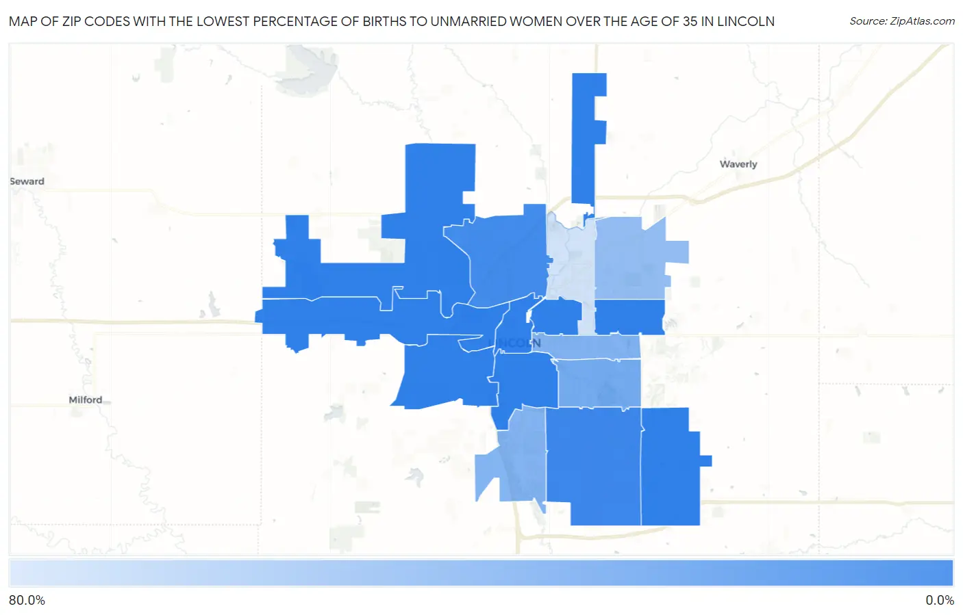 Zip Codes with the Lowest Percentage of Births to Unmarried Women over the Age of 35 in Lincoln Map