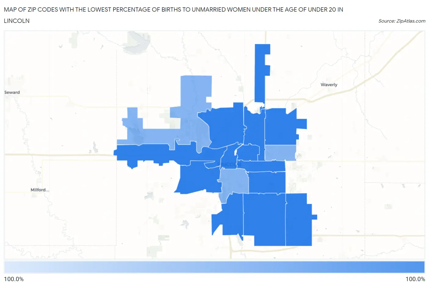 Zip Codes with the Lowest Percentage of Births to Unmarried Women under the Age of under 20 in Lincoln Map