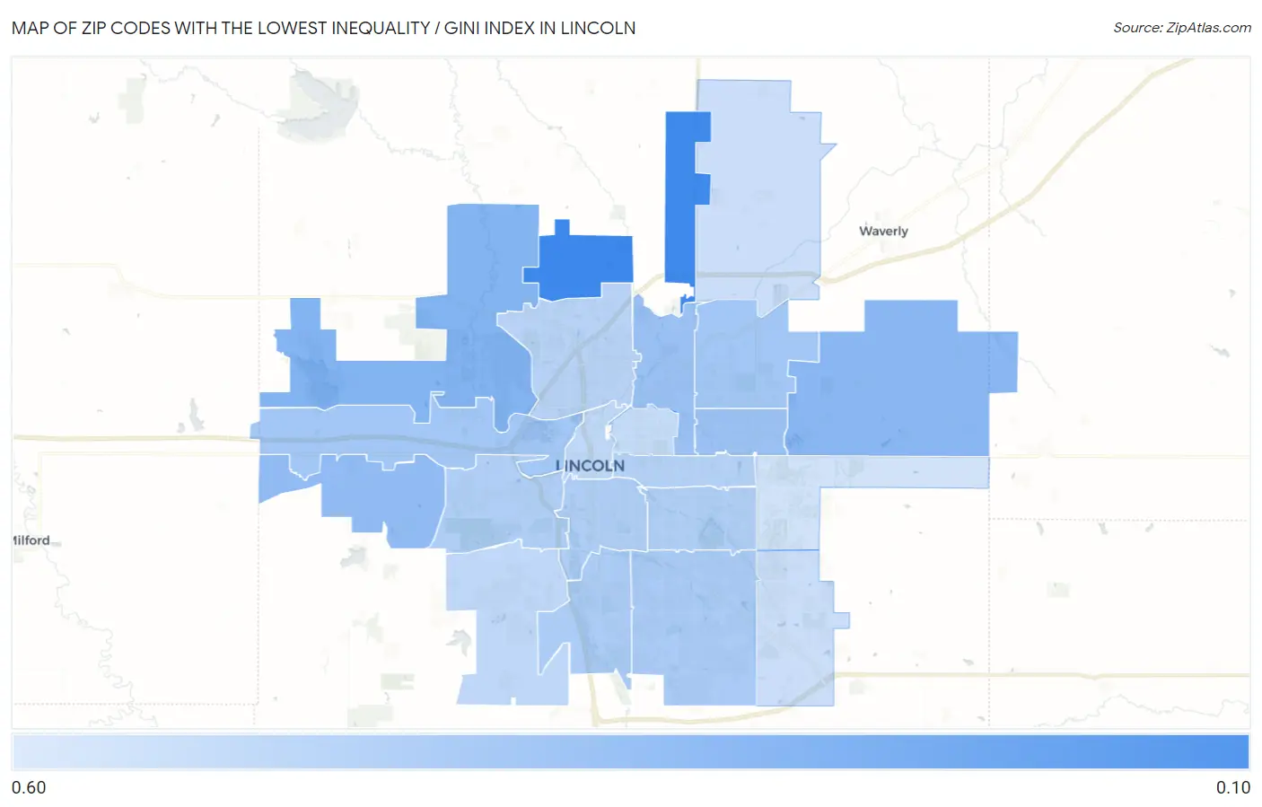 Zip Codes with the Lowest Inequality / Gini Index in Lincoln Map