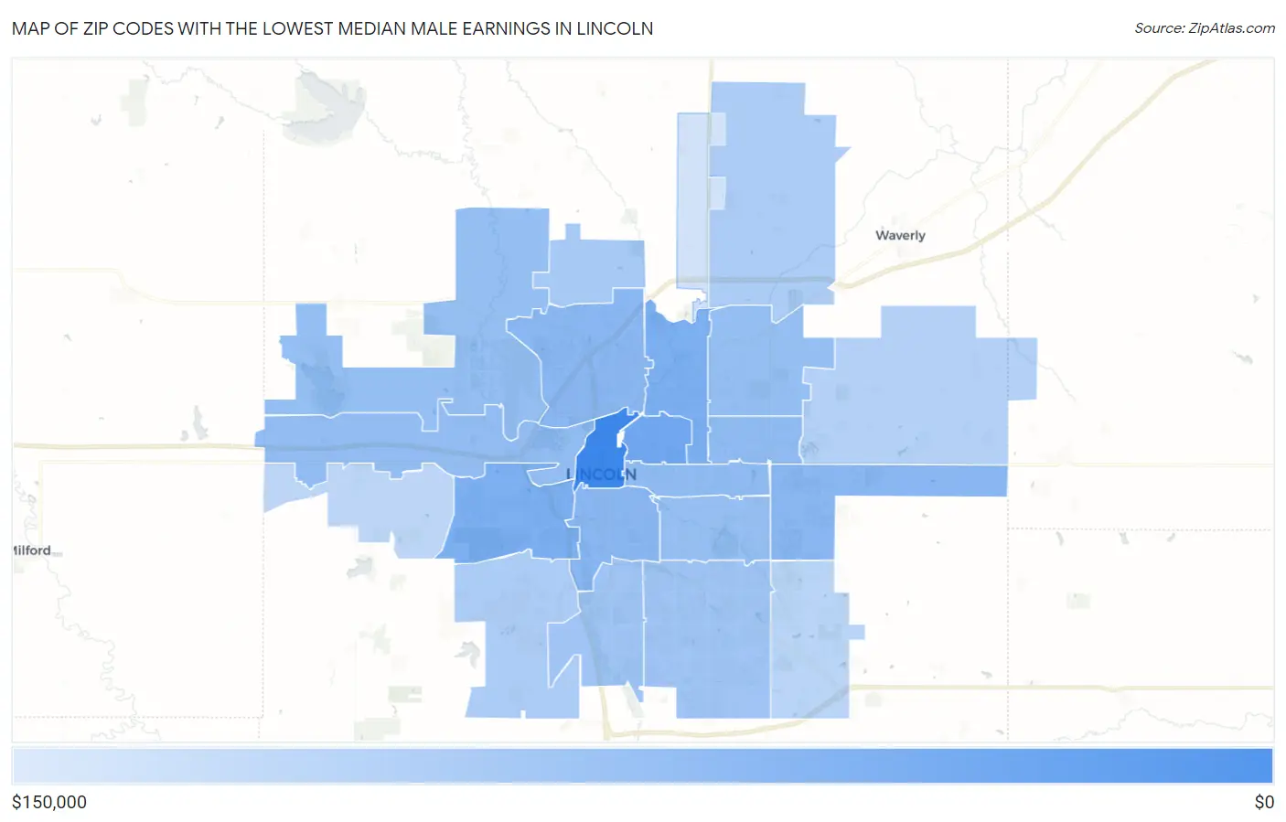 Zip Codes with the Lowest Median Male Earnings in Lincoln Map