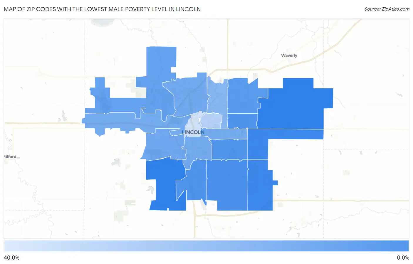 Zip Codes with the Lowest Male Poverty Level in Lincoln Map
