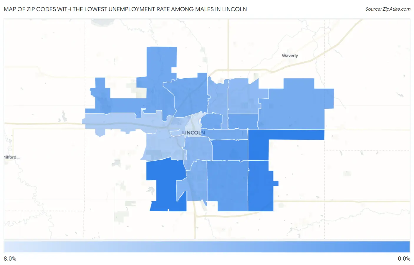 Zip Codes with the Lowest Unemployment Rate Among Males in Lincoln Map