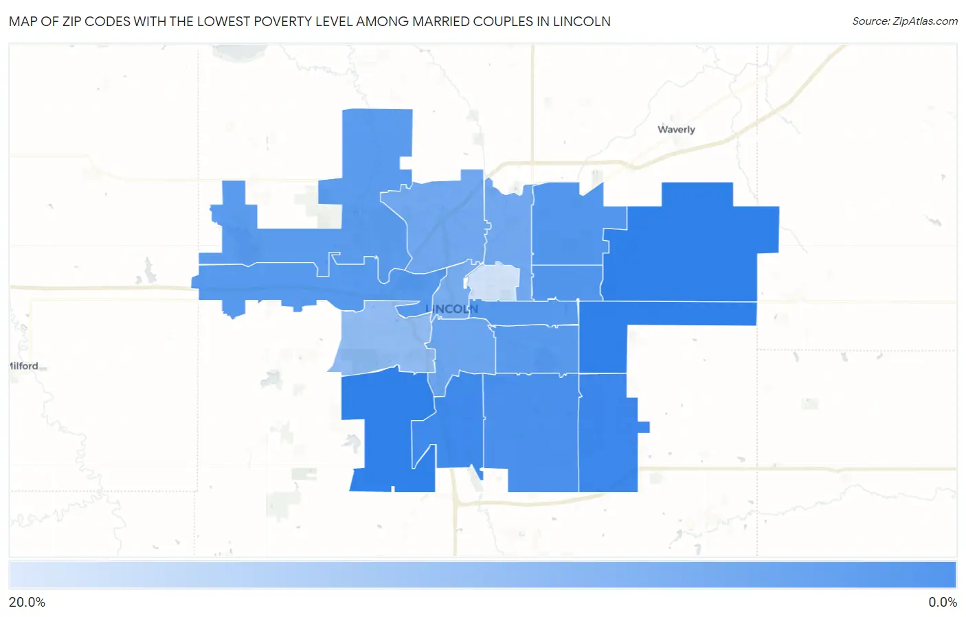 Zip Codes with the Lowest Poverty Level Among Married Couples in Lincoln Map