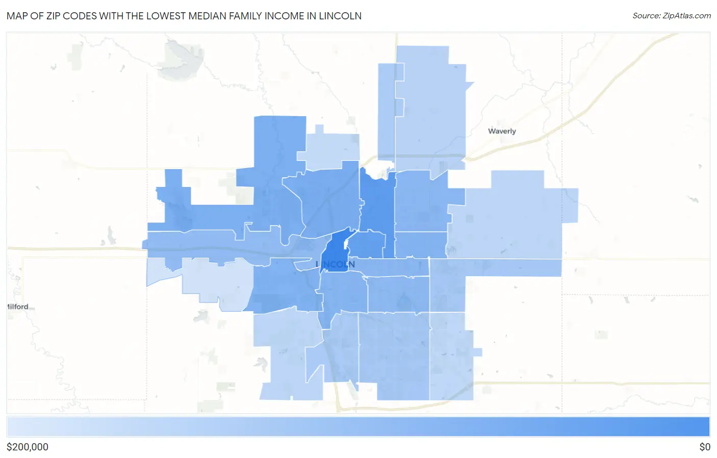 Zip Codes with the Lowest Median Family Income in Lincoln Map
