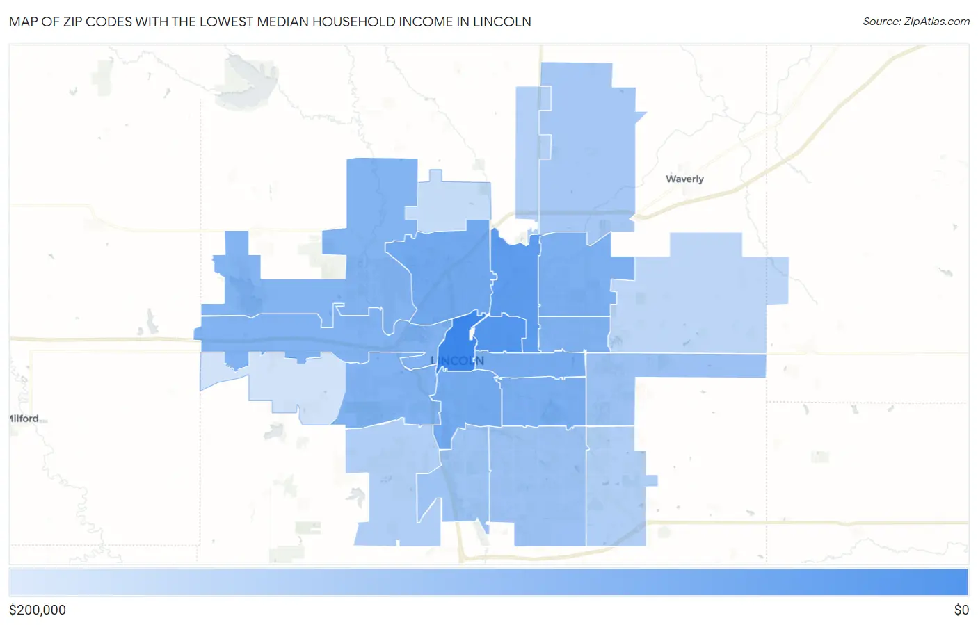 Zip Codes with the Lowest Median Household Income in Lincoln Map