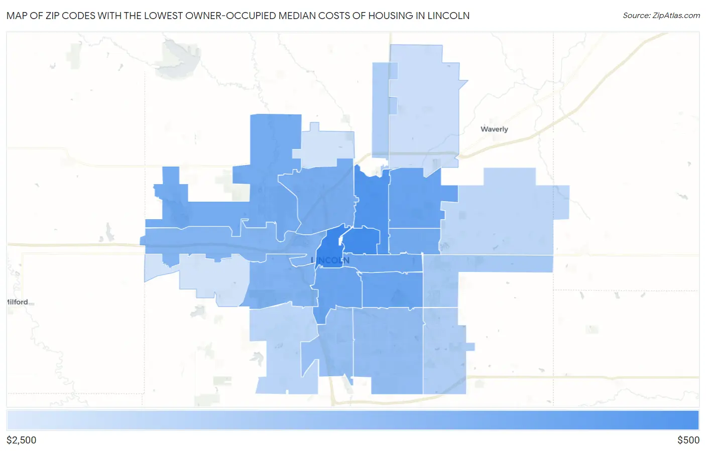 Zip Codes with the Lowest Owner-Occupied Median Costs of Housing in Lincoln Map