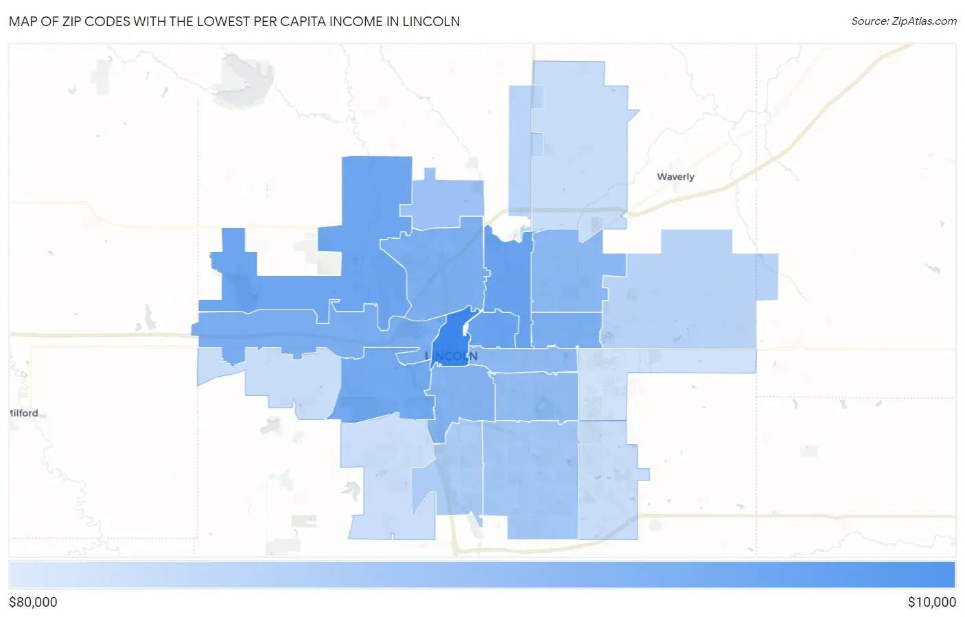 Zip Codes with the Lowest Per Capita Income in Lincoln Map