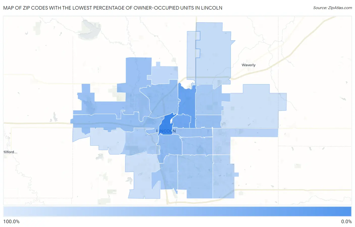 Zip Codes with the Lowest Percentage of Owner-Occupied Units in Lincoln Map