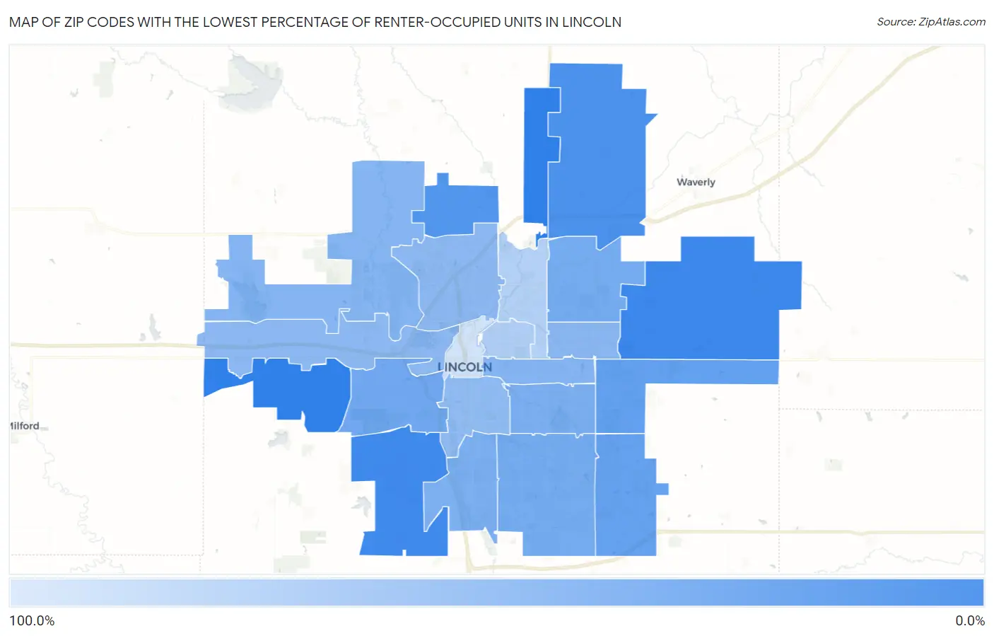 Zip Codes with the Lowest Percentage of Renter-Occupied Units in Lincoln Map