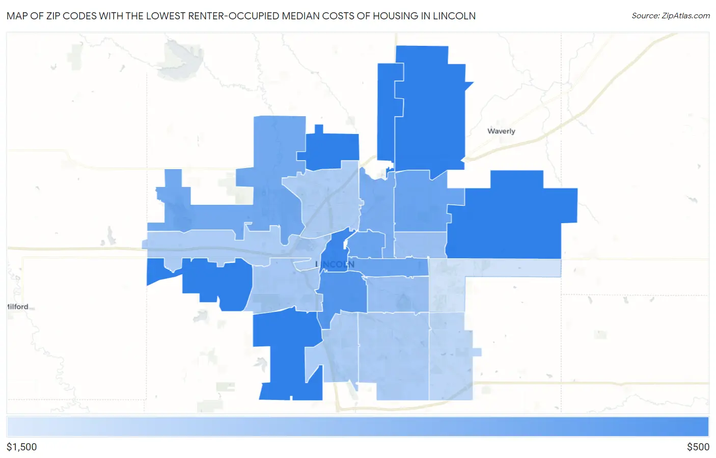 Zip Codes with the Lowest Renter-Occupied Median Costs of Housing in Lincoln Map