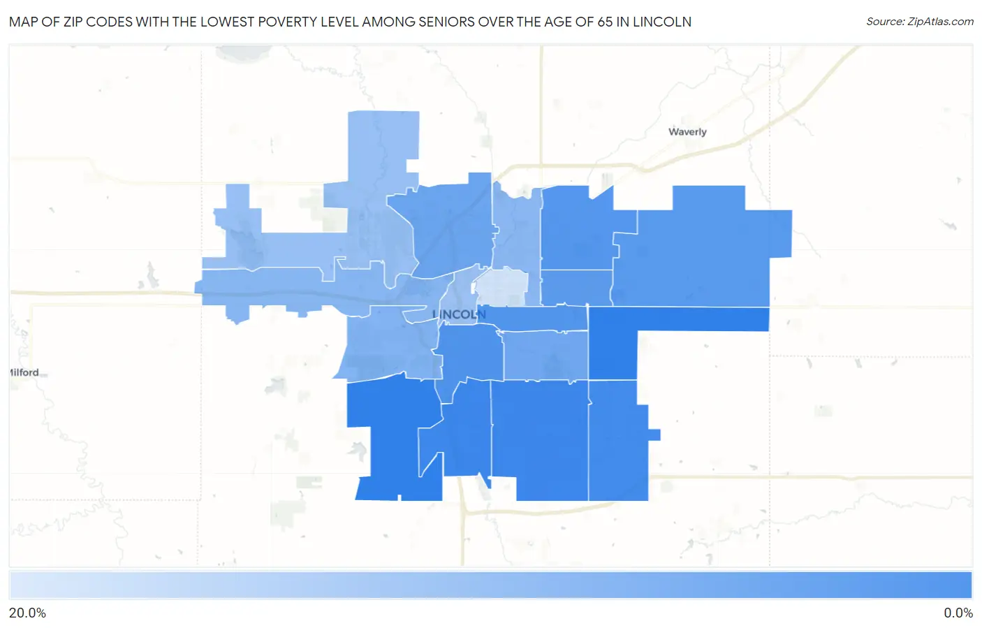 Zip Codes with the Lowest Poverty Level Among Seniors Over the Age of 65 in Lincoln Map
