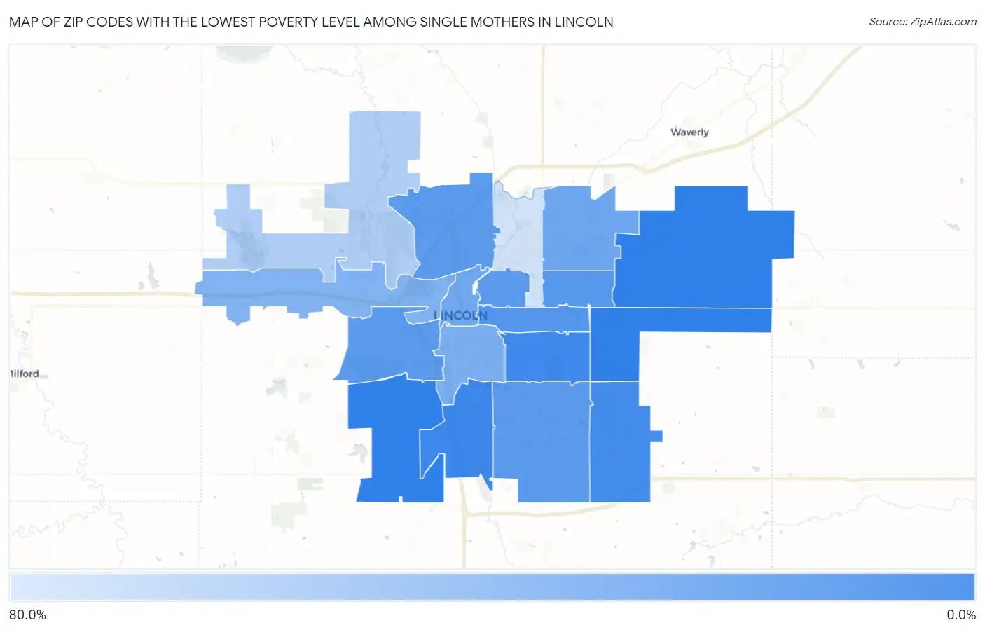 Zip Codes with the Lowest Poverty Level Among Single Mothers in Lincoln Map