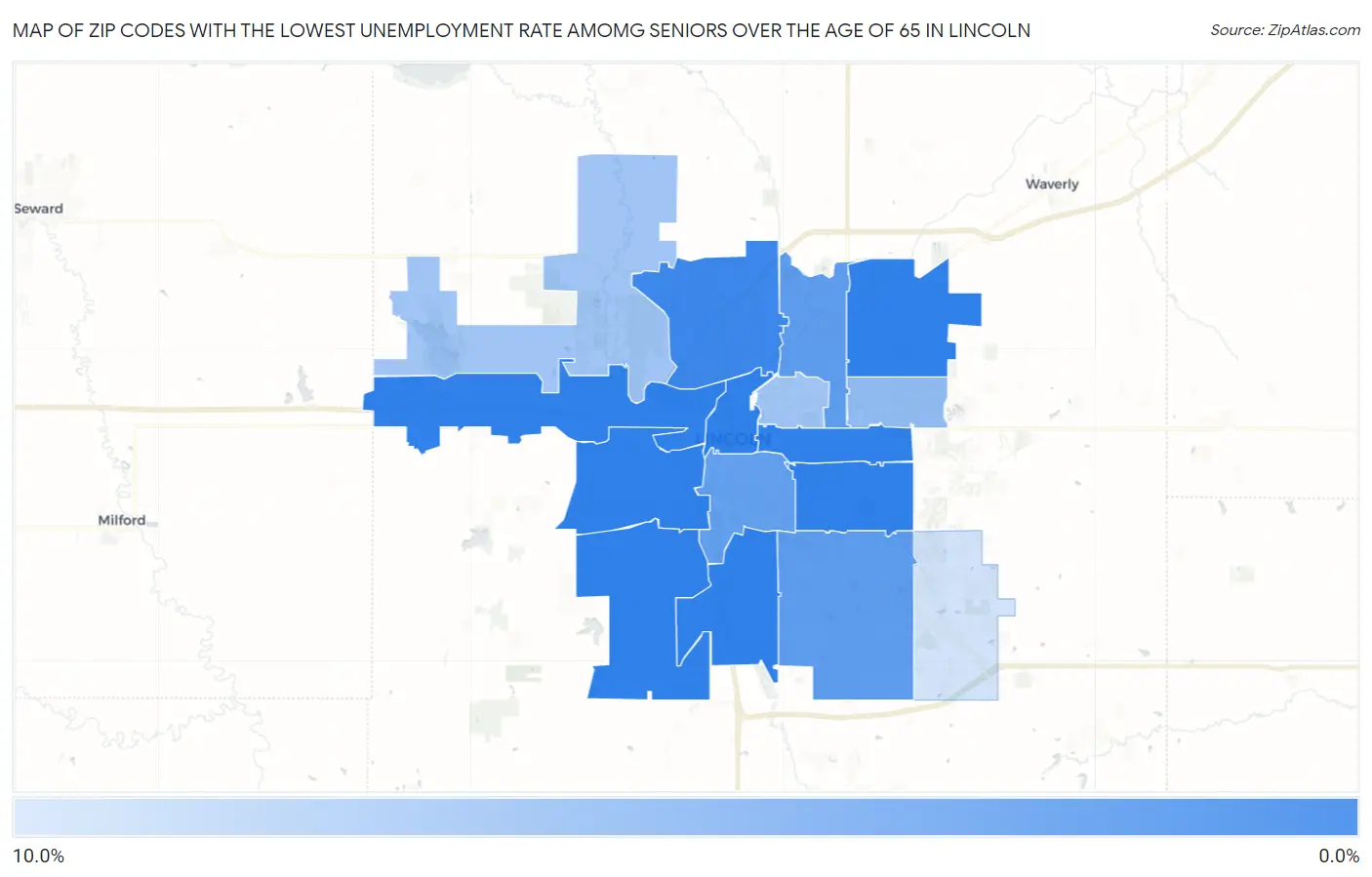 Zip Codes with the Lowest Unemployment Rate Amomg Seniors Over the Age of 65 in Lincoln Map