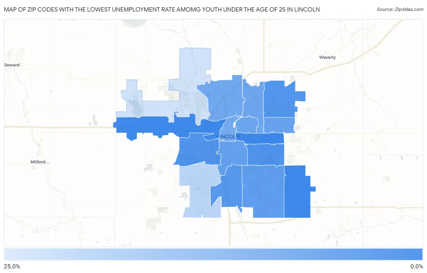 Zip Codes with the Lowest Unemployment Rate Amomg Youth Under the Age of 25 in Lincoln Map