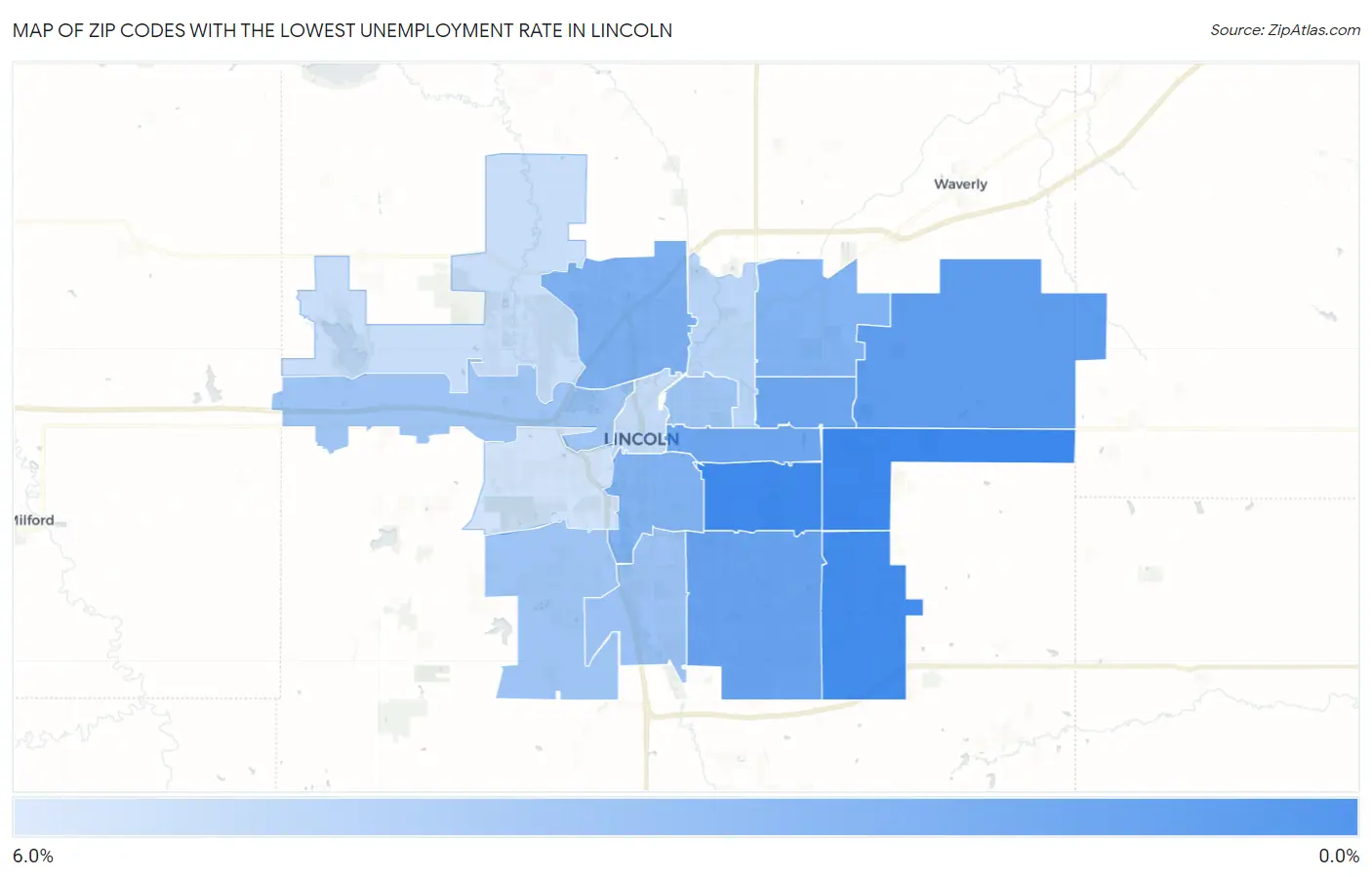 Zip Codes with the Lowest Unemployment Rate in Lincoln Map