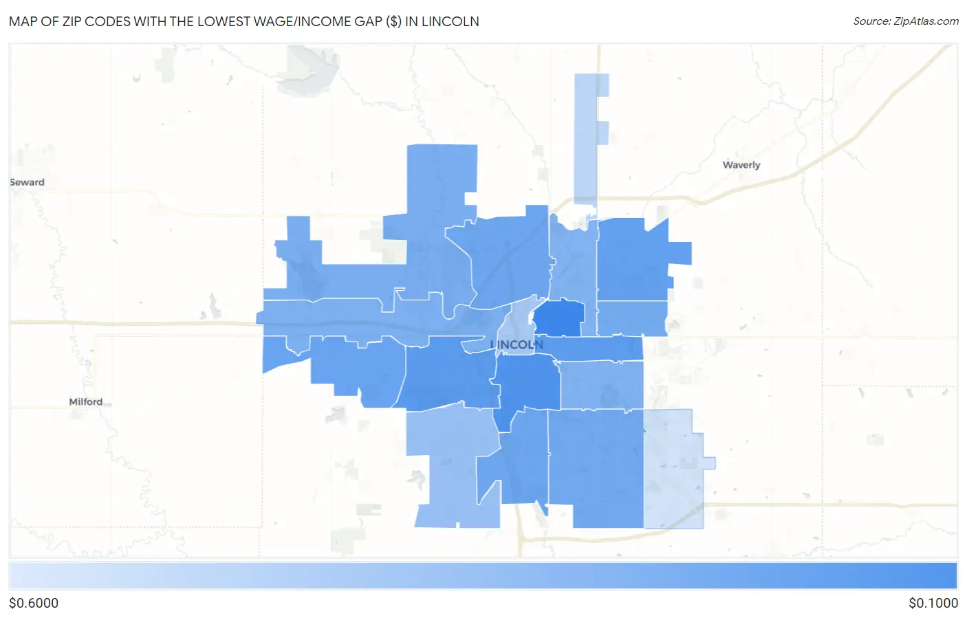 Zip Codes with the Lowest Wage/Income Gap ($) in Lincoln Map