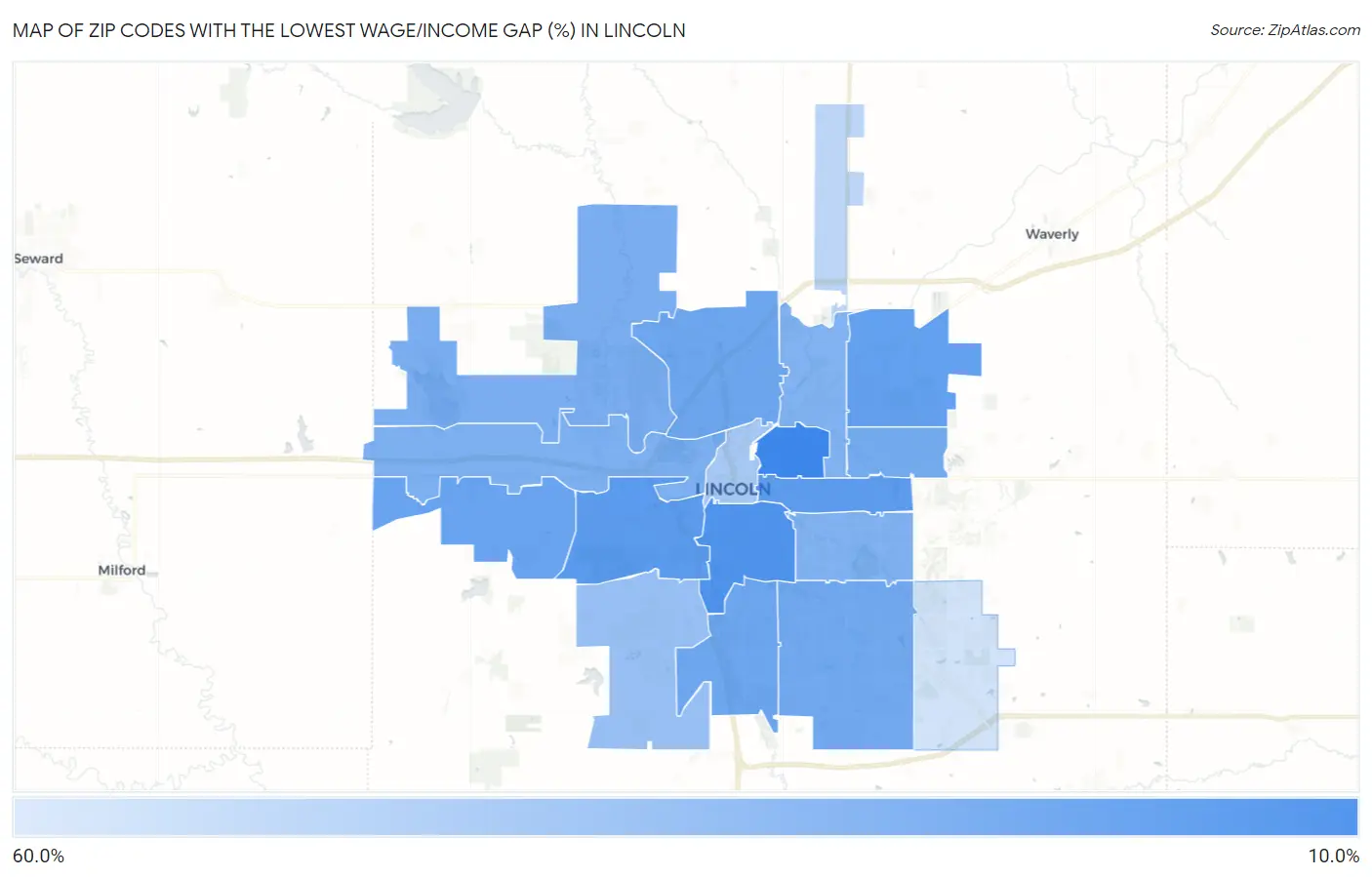 Zip Codes with the Lowest Wage/Income Gap (%) in Lincoln Map