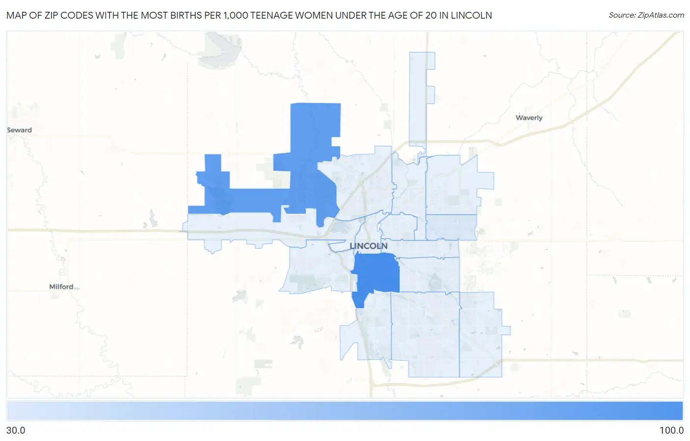 Zip Codes with the Most Births per 1,000 Teenage Women Under the Age of 20 in Lincoln Map