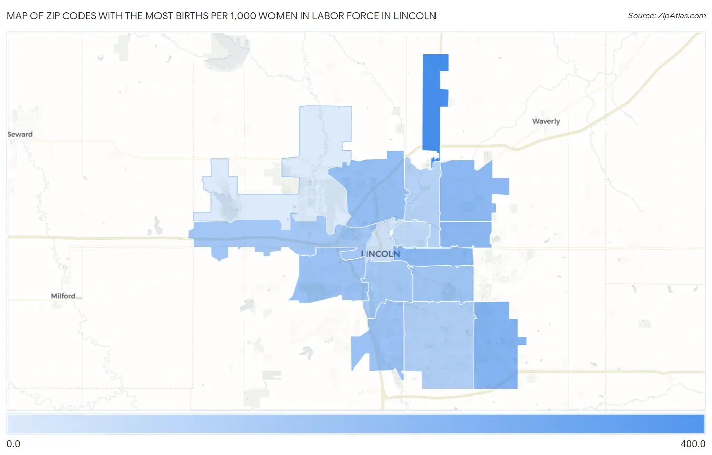 Zip Codes with the Most Births per 1,000 Women in Labor Force in Lincoln Map