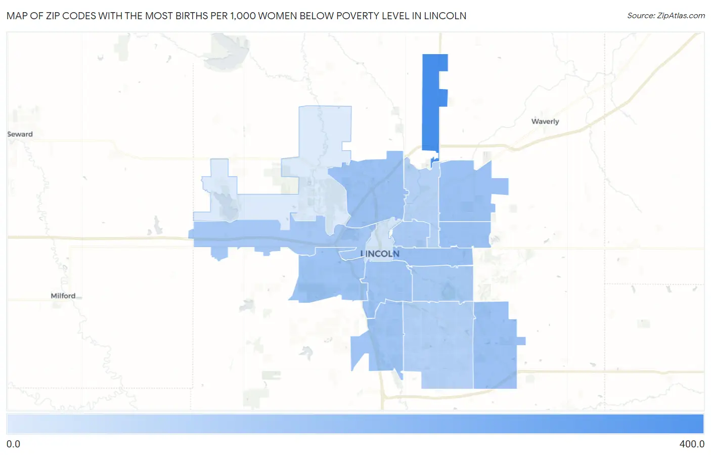 Zip Codes with the Most Births per 1,000 Women Below Poverty Level in Lincoln Map