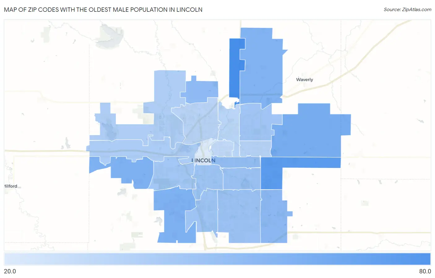 Zip Codes with the Oldest Male Population in Lincoln Map