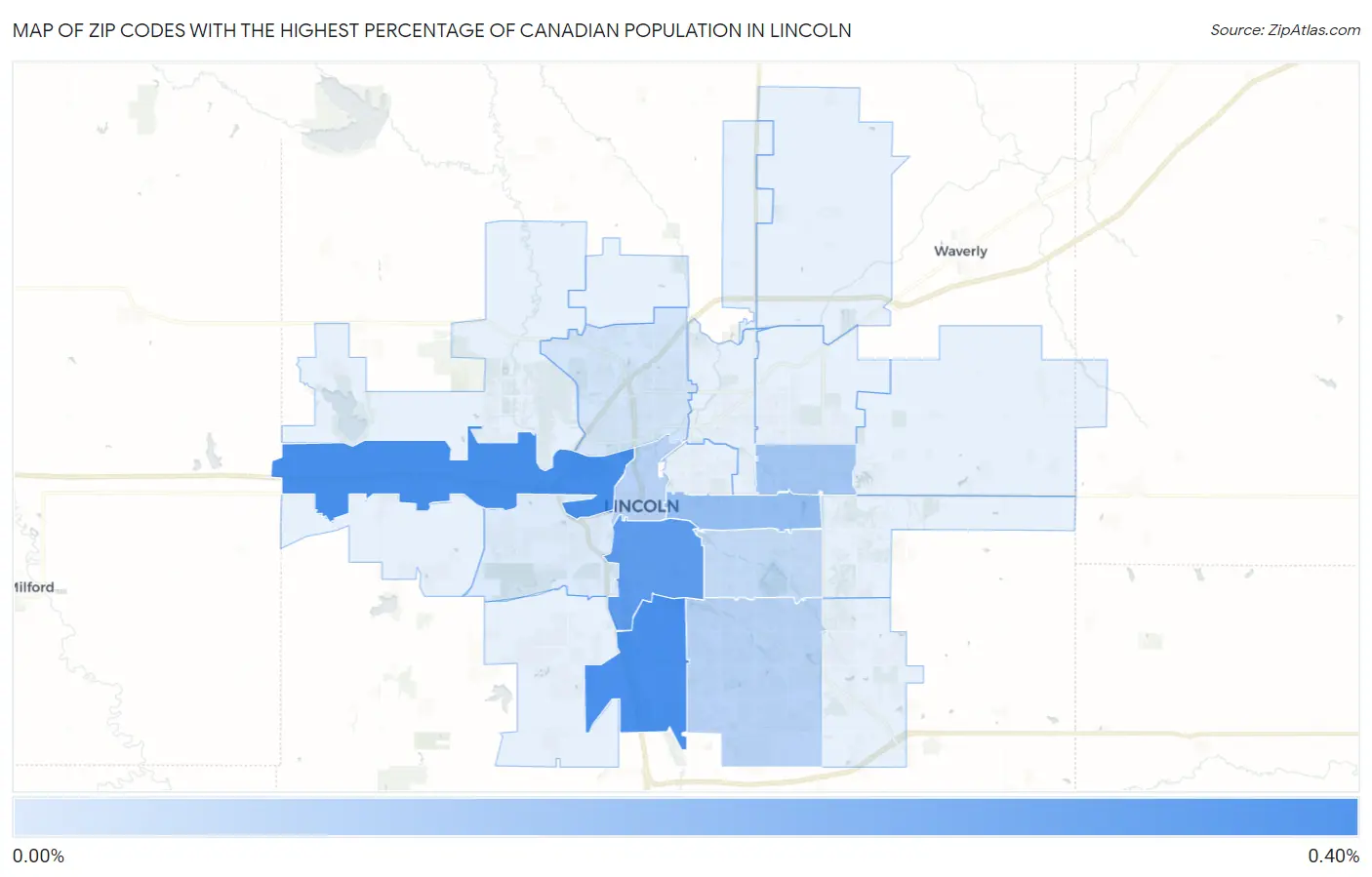 Zip Codes with the Highest Percentage of Canadian Population in Lincoln Map