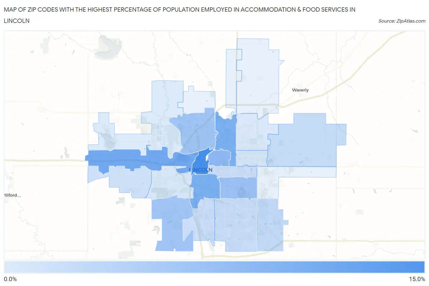 Zip Codes with the Highest Percentage of Population Employed in Accommodation & Food Services in Lincoln Map
