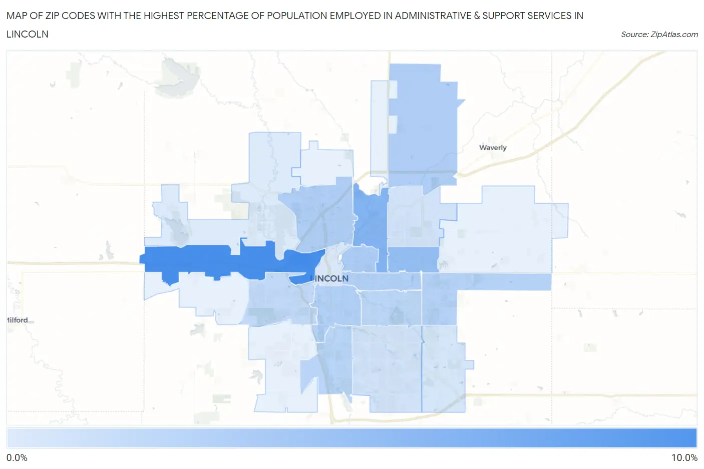 Zip Codes with the Highest Percentage of Population Employed in Administrative & Support Services in Lincoln Map