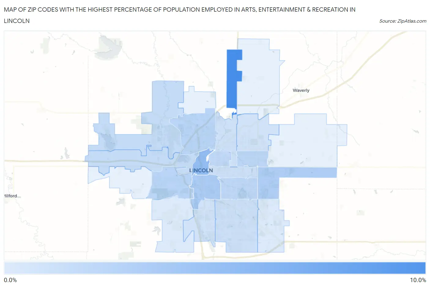 Zip Codes with the Highest Percentage of Population Employed in Arts, Entertainment & Recreation in Lincoln Map