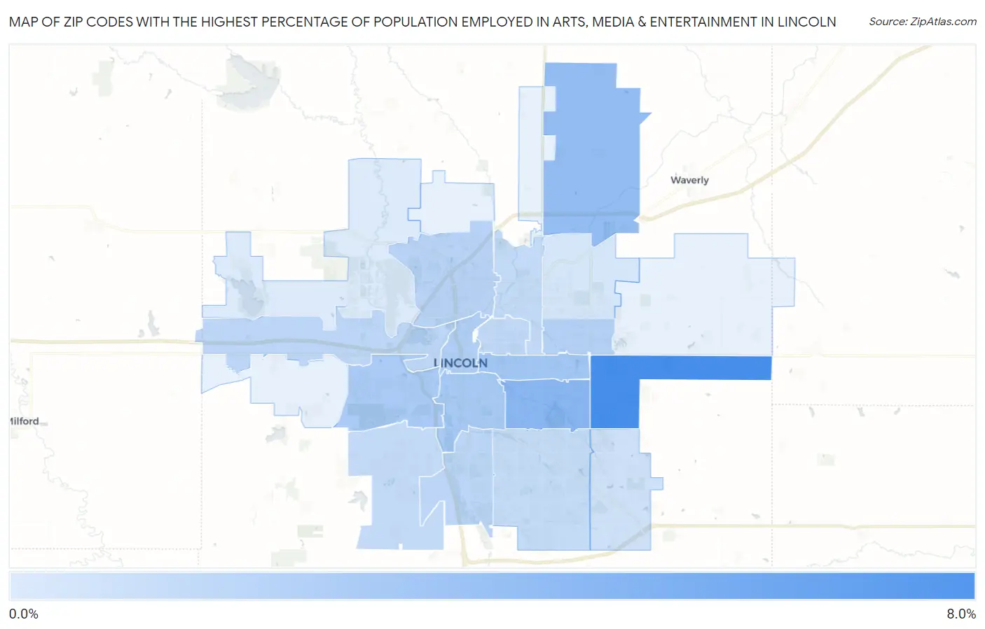 Zip Codes with the Highest Percentage of Population Employed in Arts, Media & Entertainment in Lincoln Map