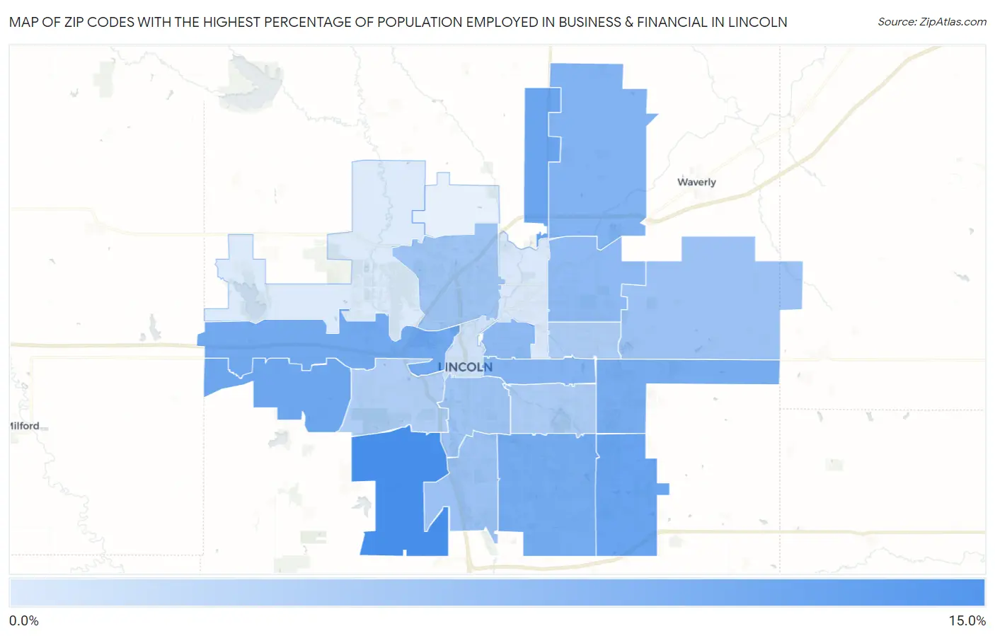 Zip Codes with the Highest Percentage of Population Employed in Business & Financial in Lincoln Map