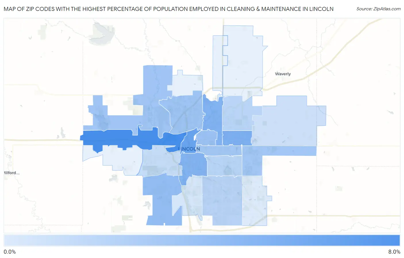 Zip Codes with the Highest Percentage of Population Employed in Cleaning & Maintenance in Lincoln Map