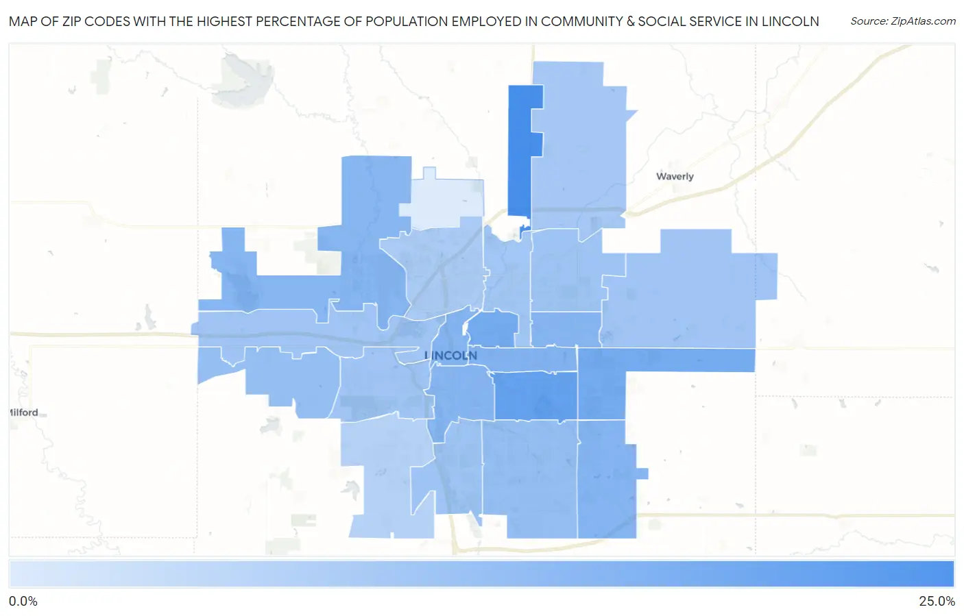 Zip Codes with the Highest Percentage of Population Employed in Community & Social Service  in Lincoln Map
