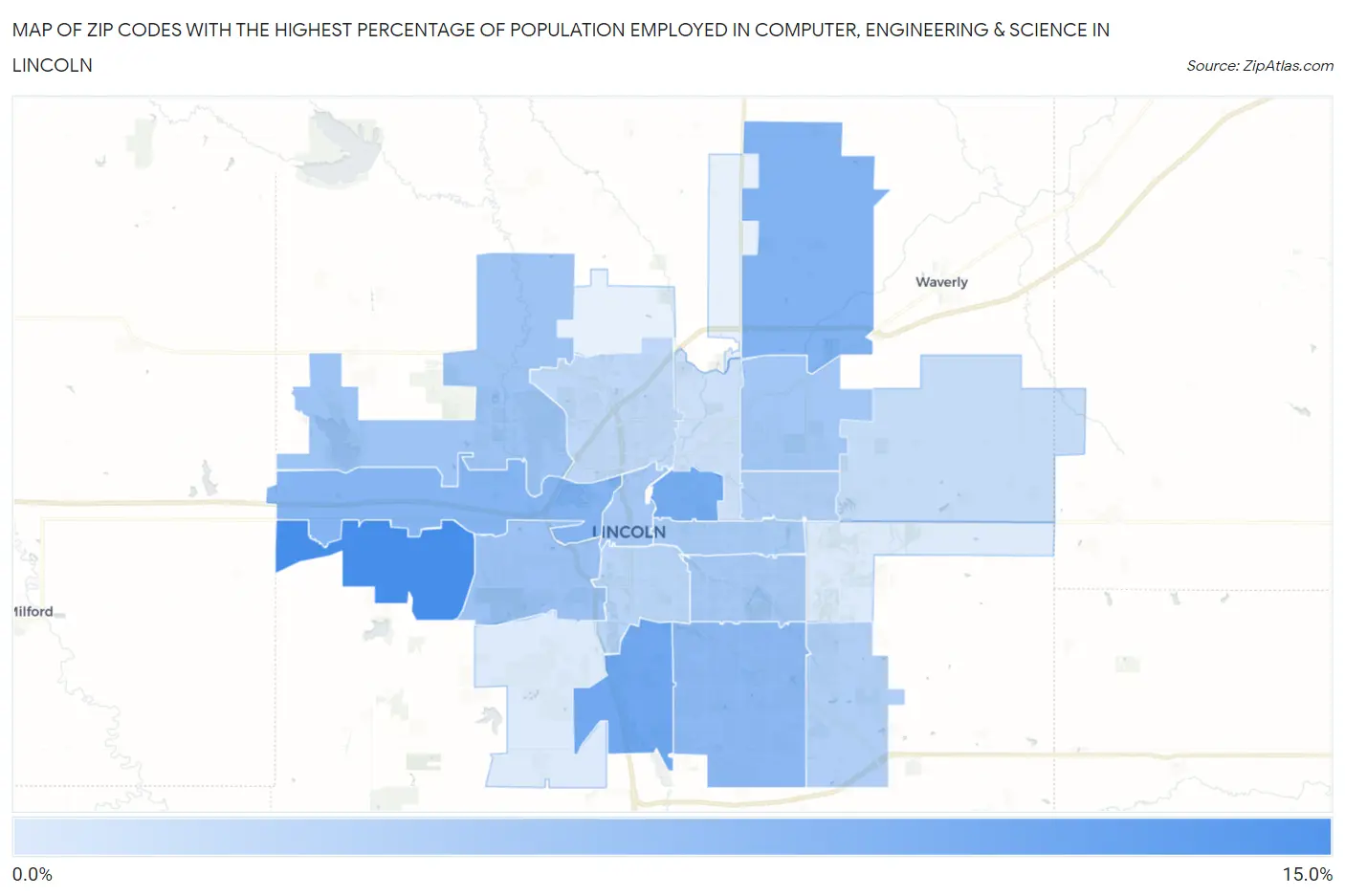 Zip Codes with the Highest Percentage of Population Employed in Computer, Engineering & Science in Lincoln Map