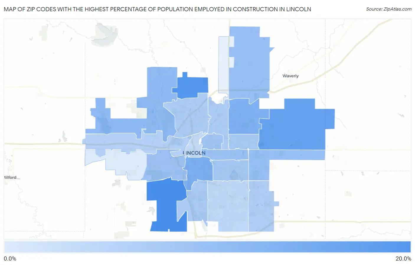 Zip Codes with the Highest Percentage of Population Employed in Construction in Lincoln Map