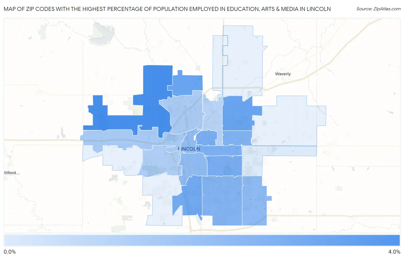 Zip Codes with the Highest Percentage of Population Employed in Education, Arts & Media in Lincoln Map